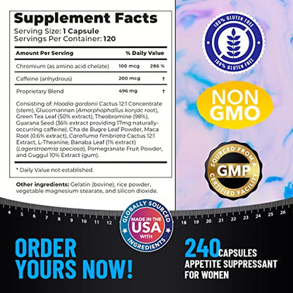 Appetite Suppressant for Women - Weight Loss Pills for Bloating Relief & Carb Blocker, Thermogenic Belly Fat Burner w/Chromium Caffeine Glucomannan - Diet Pills Work Fast for Women, 2-Pack