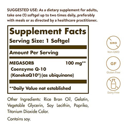 Solgar Megasorb CoQ-10 100 mg, 90 Softgels - Supports Heart Function & Healthy Aging - Coenzyme Q10 Supplement - Enhanced Absorption - Non-GMO, Gluten Free, Dairy Free - 90 Servings