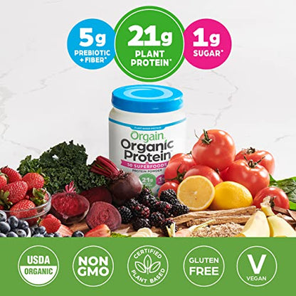 Orgain Organic Protein + Superfoods Powder, Vanilla Bean - 21g Protein, Vegan, Plant-Based, Non-GMO - 1.12lb