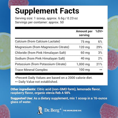 Dr. Berg Hydration Keto Electrolyte Powder - Enhanced w/ 1,000mg of Potassium & Real Pink Himalayan Salt (NOT Table Salt) - Raspberry & Lemon Flavor Hydration Drink Mix Supplement - 50 Servings