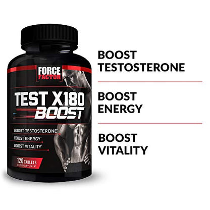 FORCE FACTOR Test X180 Boost Testosterone Booster and Energy Supplement for Men, Boost Energy, Increase Stamina, Enhance Vitality and Performance, with D-Aspartic Acid and Fenugreek, 120 Tablets