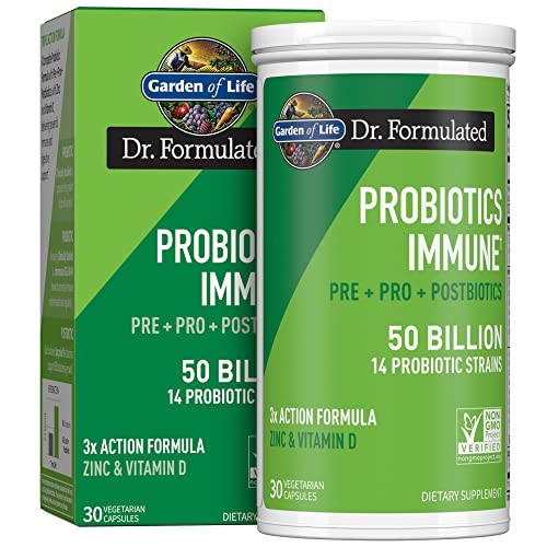 Garden of Life Dr Formulated Probiotics Immune Support, Complete with Prebiotics, Postbiotics, D3 & Zinc for Gut and Digestive Health - Organic Vegan Prebiotic Fiber for Women and Men - 30 Day Supply