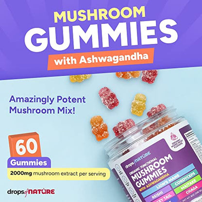 Lions Mane Mushroom Supplement Gummies - Organic Mushroom Gummies - Reishi, Cordyceps, Turkey tail, Maitake, Shitake, Chaga - Immune Defense, Boosts Cognitive Performance, Vegan, Low Carb - 60 Bears