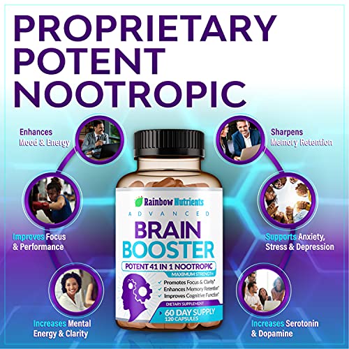 40-in-1 Brain Booster Supplements for Memory, Focus, Clarity, Energy, Performance | Natural Nootropics Brain Support Supplement with DMAE, Bacopa Monnieri & More | For Men & Women | 120 V Capsules