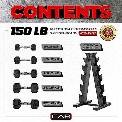 CAP Barbell 150 LB Coated Hex Dumbbell Weight Set with Vertical Rack, Black, New Edition