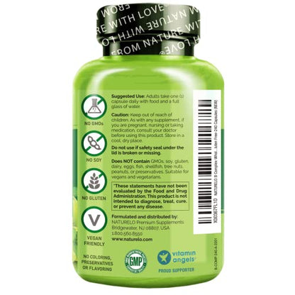 NATURELO B Complex - Whole Food Complex with Vitamin B6, Folate, B12, Biotin - Supplement for Energy and Stress - High Potency - Vegan - Vegetarian - Non GMO - Gluten Free - 240 Capsules