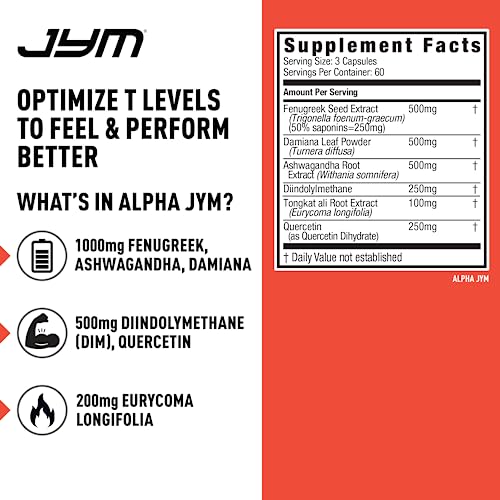 Alpha JYM Testosterone Support | Male Vitality, Hormone Optimization, Ashwagandha, Fenugreek, Eurycoma, Damiana, Quercetin, DIM | JYM Supplemental Science | 180 Vegetarian capsules