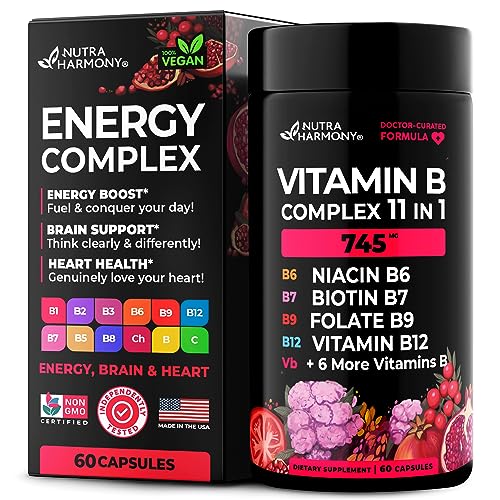 NUTRAHARMONY Vitamin B Complex - Made in USA - 11-in-1 B-Complex: B1, B2, B3, B5, B5, B6, B7, B9, B12 + Vitamin C, Choline, Inositol - Energy, Brain & Heart Support Supplements - 754 mg - 60 Capsules