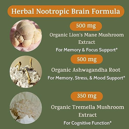 Nootropic Brain Support Supplement for Memory & Focus with Lion's Mane Mushroom & Ashwagandha - 1450 mg, 90 Ct Adaptogen Capsules for Adults & Seniors - Cognitive, Brain Fog, & Energy Formula