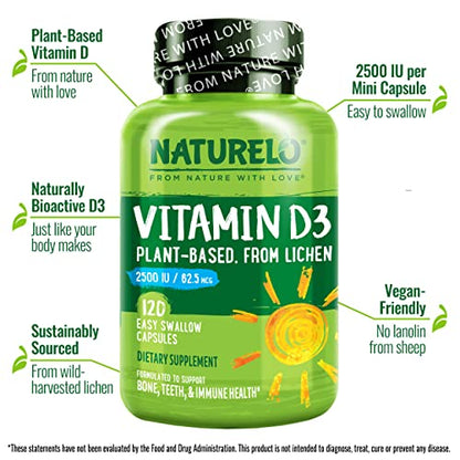 NATURELO Vitamin D - 2500 IU - Plant Based from Lichen - Natural D3 Supplement for Immune System, Bone Support, Joint Health - Vegan - Non-GMO - Gluten Free - 120 Capsules