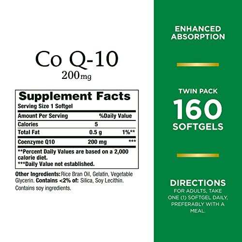 Nature's Bounty CoQ10 200 mg Softgels, Heart Health & Cellular Energy Support, Twin Pack, 160 Rapid Release Softgels