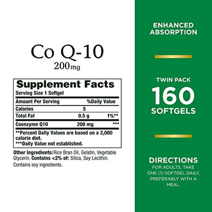 Nature's Bounty CoQ10 200 mg Softgels, Heart Health & Cellular Energy Support, Twin Pack, 160 Rapid Release Softgels