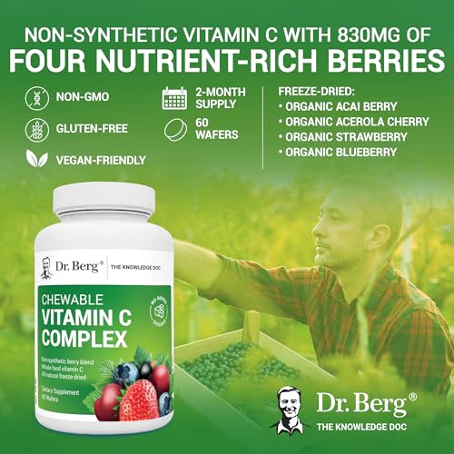 Dr. Berg's Vitamin C Complex Whole Food (60 Chewable) 100% Natural Vitamin C from Just 4 Berries, Non-GMO