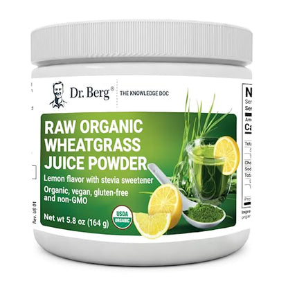 Dr. Berg USDA Certified Organic Green Powder Superfood (60 Servings) - Made with Raw Wheatgrass Powder, Chlorophyll, Trace Minerals & Natural Enzymes - Non-GMO Green Superfood Powder - Lemon Flavor