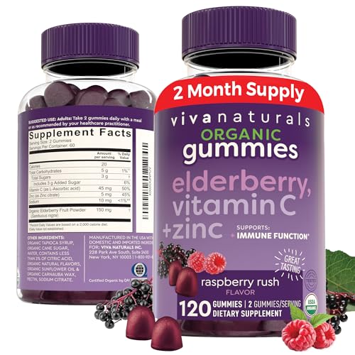 Organic Sambucus Elderberry Gummies with Zinc and Vitamin C (120 Count) - 3 in 1 Black Elderberry Gummies for Adults Immune Support, Chewable Elderberry Supplements, Immunity Gummies