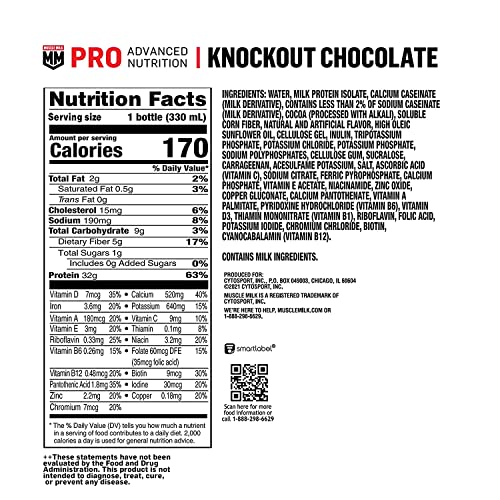 Muscle Milk Pro Advanced Nutrition Protein Shake, Knockout Chocolate, 11.16 Fl Oz (Pack of 12), 32g Protein, 1g Sugar, 16 Vitamins & Minerals, 5g Fiber, Workout Recovery, Energizing Snack, Packaging May Vary