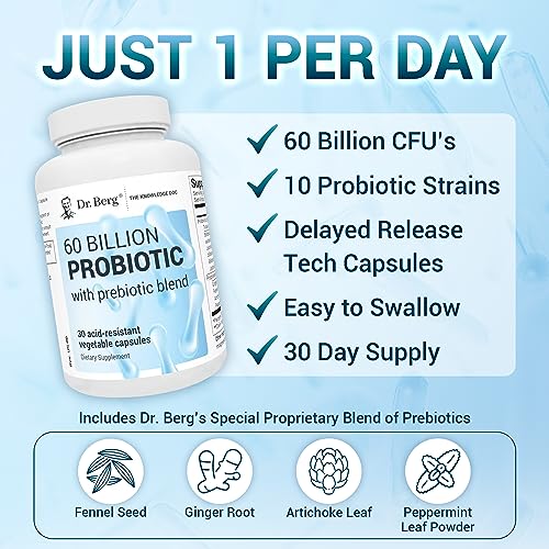 Dr. Berg's Probiotic Capsules with 60 Billion Probiotics for Digestive Health with 10 Prebiotics and Probiotics Strains - Nutritional Supplements - 30 Vegetable Capsules