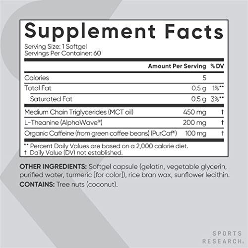 Sports Research L-Theanine Supplement with Caffeine & Coconut MCT Oil - Focused Energy, Alertness & Relaxation Without Drowsiness - 200mg L Theanine, 100mg Organic Caffeine - 60 Liquid Softgels