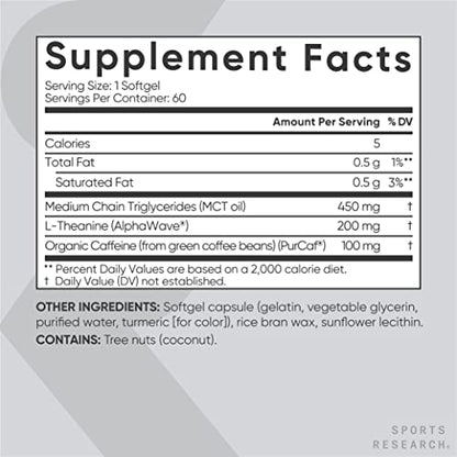 Sports Research L-Theanine Supplement with Caffeine & Coconut MCT Oil - Focused Energy, Alertness & Relaxation Without Drowsiness - 200mg L Theanine, 100mg Organic Caffeine - 60 Liquid Softgels