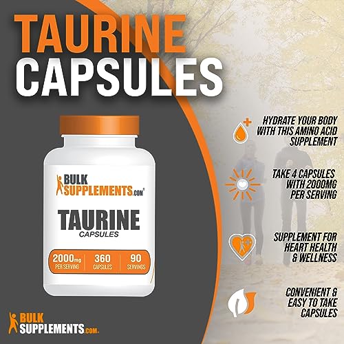 BULKSUPPLEMENTS.COM Taurine Capsules - Taurine Supplement, Taurine 2000mg, Amino Acids for Heart Health, Taurine Pills - Gluten Free, 4 Taurine 500mg Capsules per Serving (2000mg), 360 Capsules