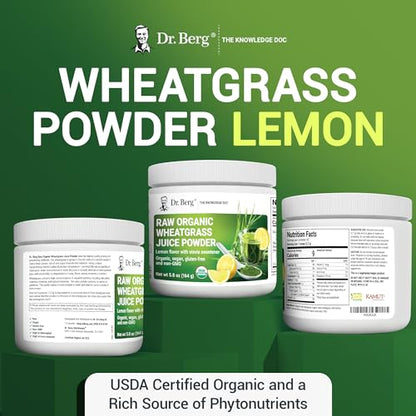 Dr. Berg USDA Certified Organic Green Powder Superfood (60 Servings) - Made with Raw Wheatgrass Powder, Chlorophyll, Trace Minerals & Natural Enzymes - Non-GMO Green Superfood Powder - Lemon Flavor