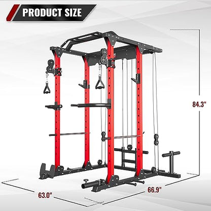 MAJOR LUTIE Power Cage, PLM03 1400lbs Multi-Function Power Rack with Adjustable Cable Crossover System and Exercise Machine Attachment(Red)