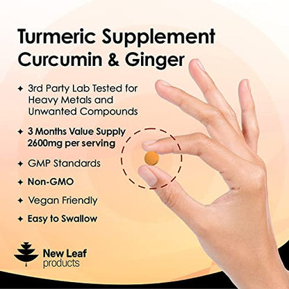 Turmeric Tablets 2600mg with Black Pepper & Ginger - 95% Curcumin Extract - 180 Turmeric and Black Pepper Tablets (3 Month) High Strength Active Turmeric Supplements Not Turmeric Capsules,by New Leaf