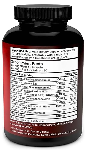 Divine Bounty Super B Complex Vitamins - All B Vitamins Including B12, B1, B2, B3, B5, B6, B7, B9, Folic Acid - Vitamin B Supplement - Support Healthy Energy Metabolism - 90 Vegetarian Capsules