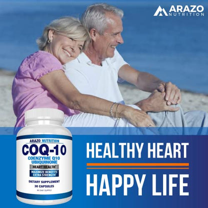 Arazo Nutrition CoQ10 Ubiquinone Coenzyme Q10-200mg Maximum Strength Nutritional Supplement - High Absorption Capsules with No Soy