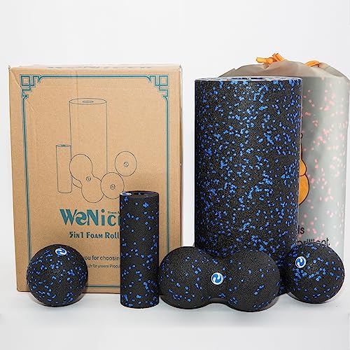 WoNicer 5 in 1 High Density Foam Roller Set for Muscle Massage, Physical Therapy,Pilates,Yoga - Gym Accessories,Back Roller,Foot Massage Ball & Peanut Ball - Easy to Carry with Cute Bag. (Blue Spot)