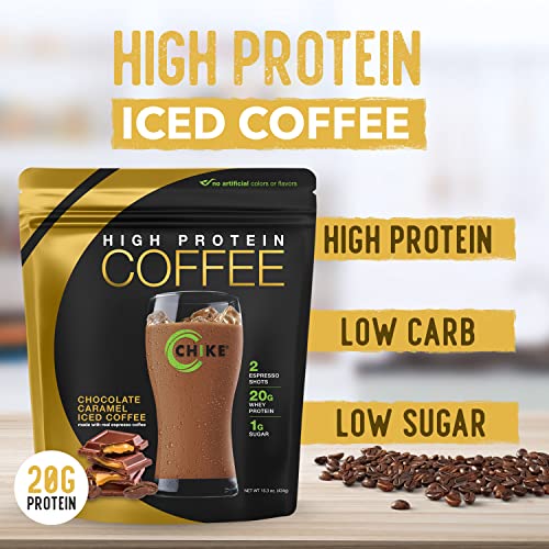 Chike Chocolate Caramel High Protein Iced Coffee, 20 G Protein, 2 Shots Espresso, 1 G Sugar, Keto Friendly and Gluten Free, 14 Servings (14.8 Ounce)