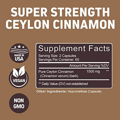 Herbtonics Pure Ceylon Cinnamon Capsules for Enhanced Well-Being - 1500mg per Serving of Ceylon Cinnamon Powder - 120 Vegetarian Capsules