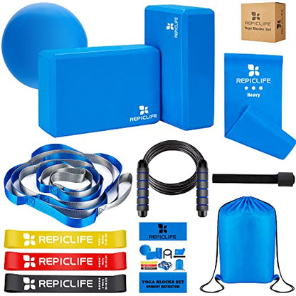 Yoga Blocks,Yoga Set,Yoga Accessories,Yoga Blocks 2 Pack with Strap,1 Mini Yoga Ball,3 Resistance Loop Bands,1 Resistance Band,1 Door Anchor,1 Jump Rope,Gym Bag & Manual for Yoga,Pilates,Stretching