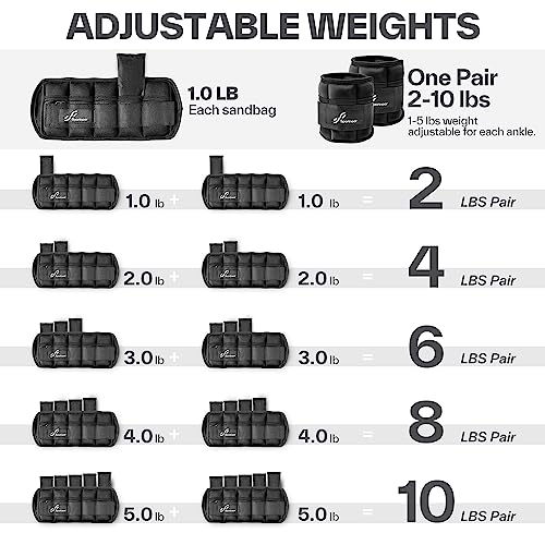 Sportneer Adjustable Weighted Ankle Weights Set 1 Pair 2 4 6 8 10 Lbs Leg Weight Straps for Women Men for Gym,Fitness, Workout,Walking, Jogging,1-5 lbs for Each Ankle, 1 Pair 2-10 lbs (Black)