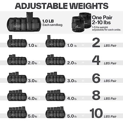 Sportneer Adjustable Weighted Ankle Weights Set 1 Pair 2 4 6 8 10 Lbs Leg Weight Straps for Women Men for Gym,Fitness, Workout,Walking, Jogging,1-5 lbs for Each Ankle, 1 Pair 2-10 lbs (Black)