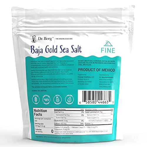 Dr. Berg's Baja Gold Sea Salt Organic - Natures Fine Sea Salt Support For Hydration, and Normal Stomach Acidity - Sea Salt Fine Ground For Cooking and Seasoning - No Microplastics Low Sodium - 16 oz