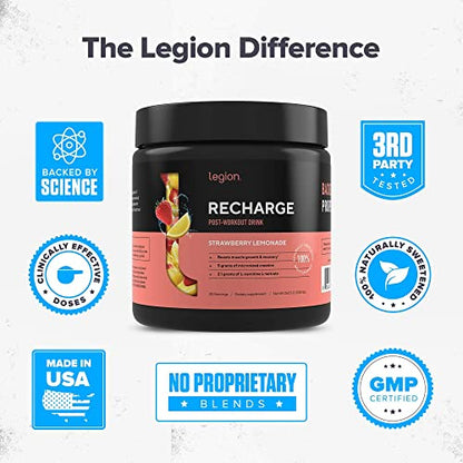 LEGION Recharge Post Workout Supplement - All Natural Muscle Builder & Recovery Drink with Micronized Creatine Monohydrate Naturally Sweetened & Flavored, (Strawberry Lemonade, 30 Serve)