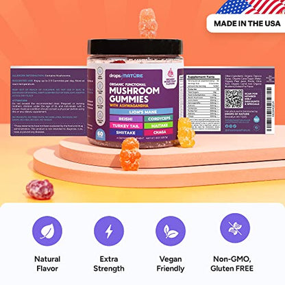 Lions Mane Mushroom Supplement Gummies - Organic Mushroom Gummies - Reishi, Cordyceps, Turkey tail, Maitake, Shitake, Chaga - Immune Defense, Boosts Cognitive Performance, Vegan, Low Carb - 60 Bears