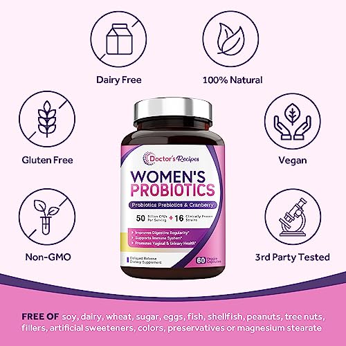 Doctor's Recipes Women’s Probiotic, 60 Caps 50 Billion CFU 16 Strains, with Organic Prebiotics Cranberry, Digestive Immune Vaginal & Urinary Health, Shelf Stable, Delayed Release, No Soy Gluten Dairy