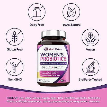 Doctor's Recipes Women’s Probiotic, 60 Caps 50 Billion CFU 16 Strains, with Organic Prebiotics Cranberry, Digestive Immune Vaginal & Urinary Health, Shelf Stable, Delayed Release, No Soy Gluten Dairy