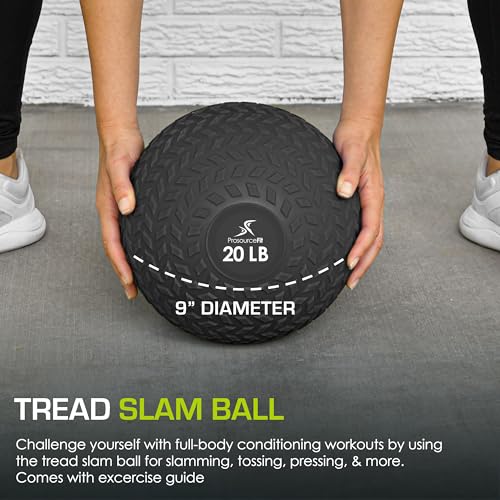 ProsourceFit Slam Medicine Balls, Smooth and Tread Textured Grip Dead Weight Balls for Crossfit, Strength and Conditioning Exercises, Cardio and Core Workouts, Tread, Black, 20 LB