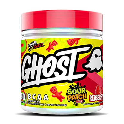 GHOST BCAA Amino Acids, Sour Patch Kids Redberry - 30 Servings - Sugar-Free Intra and Post Workout Powder & Recovery Drink, 7g BCAA Supports Muscle Growth & Endurance- Soy & Gluten-Free, Vegan