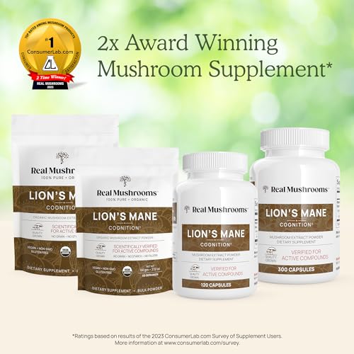 Real Mushrooms Lion’s Mane Capsules - Organic Lions Mane Mushroom Extract for Cognitive Function & Immune Support - Brain Supplements for Memory and Focus - Vegan Mushroom Supplement, 300 Caps