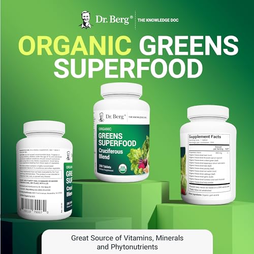 Dr. Berg's Greens Superfood Cruciferous Vegetable Tablets - Vegetable Supplements for Adults w/ 11 Phytonutrient Super Greens Tablets - Energy, Immune System & Liver Veggie Tablets - 250 Tablets