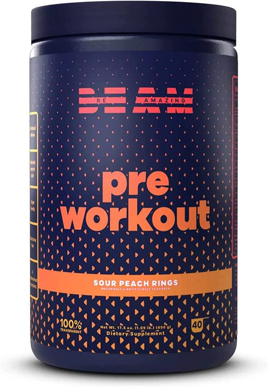 BEAM Be Amazing Vegan Pre-Workout Powder | Energy Booster Powdered Drink with All-Natural Caffeine, No Crash, No Jitters | Gluten-Free Supplement with Adaptogens | Sour Peach Rings, 40 Scoops