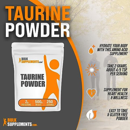 BULKSUPPLEMENTS.COM Taurine Powder - Taurine Supplement, Taurine 2000mg, Amino Acids Supplement - Heart Health Supplements, Unflavored, Pure & Gluten Free, 2g per Serving, 500g (1.1 lbs)