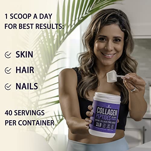 Collagen Peptides Powder for Women Hydrolyzed Collagen Protein Powder Types I and III Non-GMO Grass-Fed Gluten-Free Kosher and Pareve Unflavored Easy to Mix Drink Healthy Hair Skin Joints Nails 1Lb