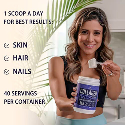 Collagen Peptides Powder for Women Hydrolyzed Collagen Protein Powder Types I and III Non-GMO Grass-Fed Gluten-Free Kosher and Pareve Unflavored Easy to Mix Drink Healthy Hair Skin Joints Nails 1Lb