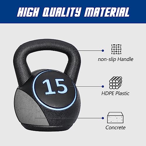 F2C 3-Piece Kettlebell Set with Storage Rack 5lb, 10lb, 15lb Weights HDPE Coated Concrete Kettlebells Core Training for Home Gym Exercise Fitness