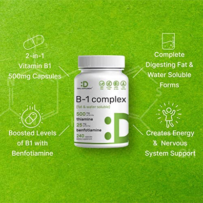 Vitamin B1 500mg with Benfotiamine, 240 Capsules – 2 in 1 Enhanced Formula – Fat & Water Soluble Thiamine B1 Supplement – Third Party Tested, Non-GMO, No Gluten